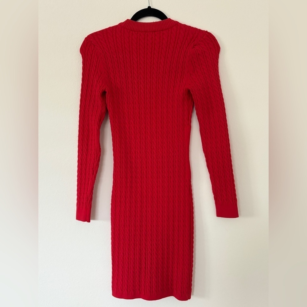 Alice + Olivia Yuna Cable Knit Mini Dress Bright Poppy Long Sleeve - Picture 6 of 10